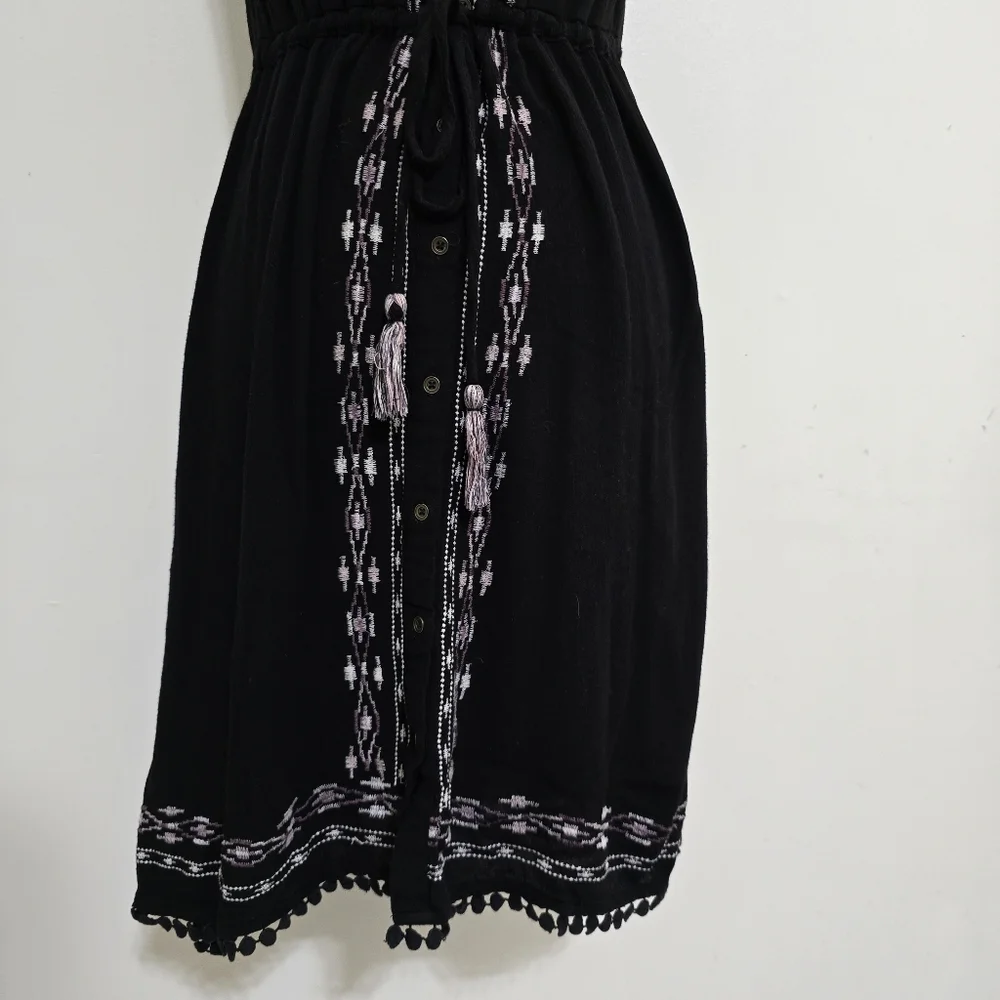 KNOX ROSE size Small Sleeveless Embroidered Tie Waist‎ Button Boho Dress Black
